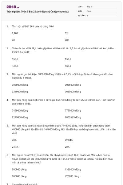 Trắc nghiệm Toán 5 Bài 26: (có đáp án) Ôn tập chương 2