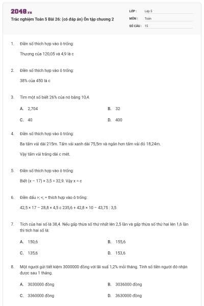 Trắc nghiệm Toán 5 Bài 26: (có đáp án) Ôn tập chương 2