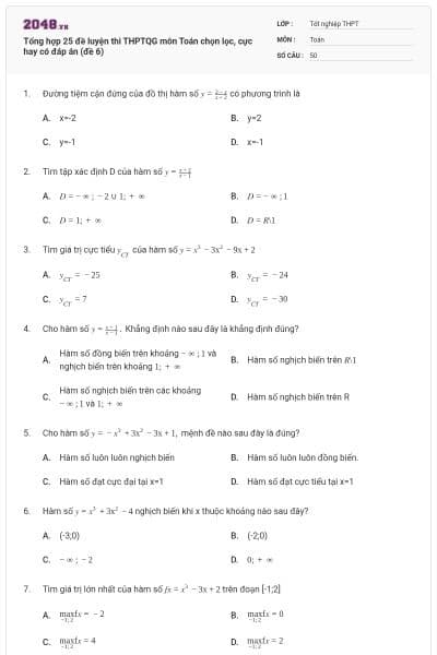 Tổng hợp 25 đề luyện thi THPTQG môn Toán chọn lọc, cực hay có đáp án (đề 6)