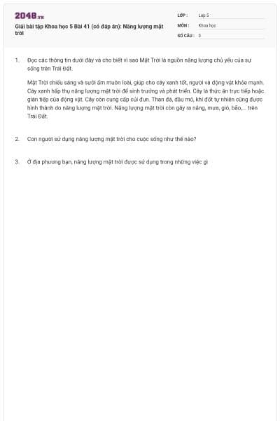 Giải bài tập Khoa học 5 Bài 41 (có đáp án): Năng lượng mặt trời