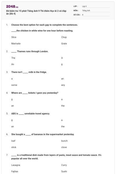 Đề kiểm tra 15 phút Tiếng Anh 9 Thí điểm Học kì 2 có đáp án (Đề 4)