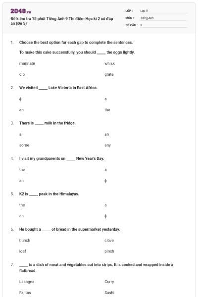 Đề kiểm tra 15 phút Tiếng Anh 9 Thí điểm Học kì 2 có đáp án (Đề 5)