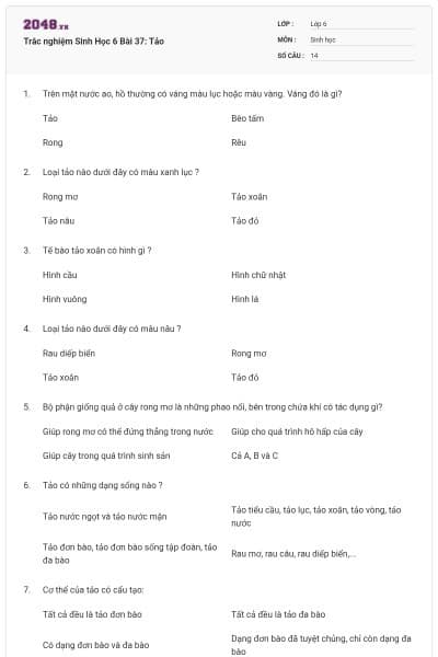 Trắc nghiệm Sinh Học 6 Bài 37: Tảo