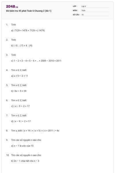 Đề kiểm tra 45 phút Toán 6 Chương 2 (Đề 1)
