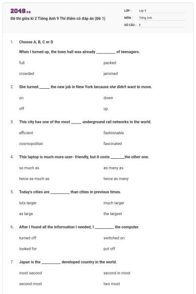 Đề thi giữa kì 2 Tiếng Anh 9 Thí điểm có đáp án (Đề 1)