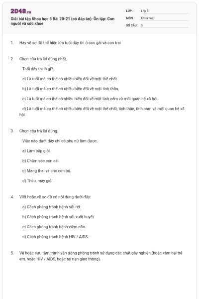 Giải bài tập Khoa học 5 Bài 20-21 (có đáp án): Ôn tập: Con người và sức khỏe