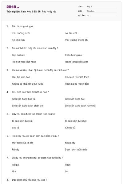 Trắc nghiệm Sinh Học 6 Bài 38: Rêu - cây rêu