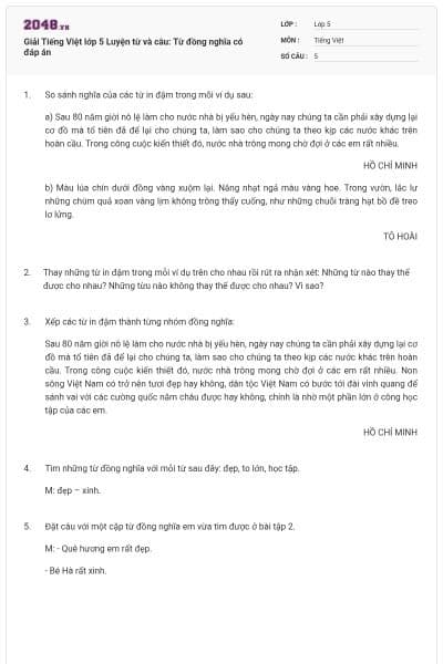 Giải Tiếng Việt lớp 5 Luyện từ và câu: Từ đồng nghĩa có đáp án