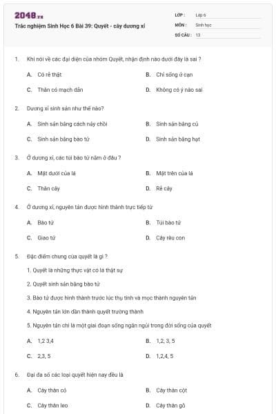 Trắc nghiệm Sinh Học 6 Bài 39: Quyết - cây dương xỉ