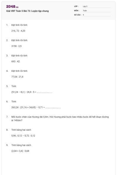 Giải VBT Toán 5 Bài 73: Luyện tập chung