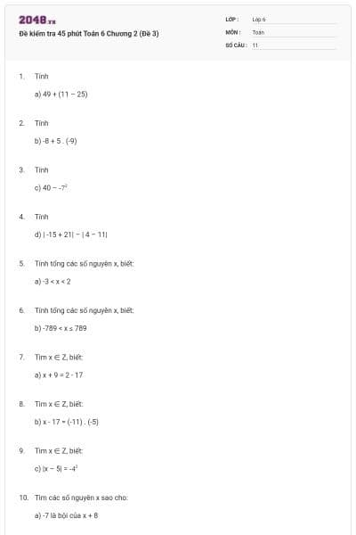 Đề kiểm tra 45 phút Toán 6 Chương 2 (Đề 3)