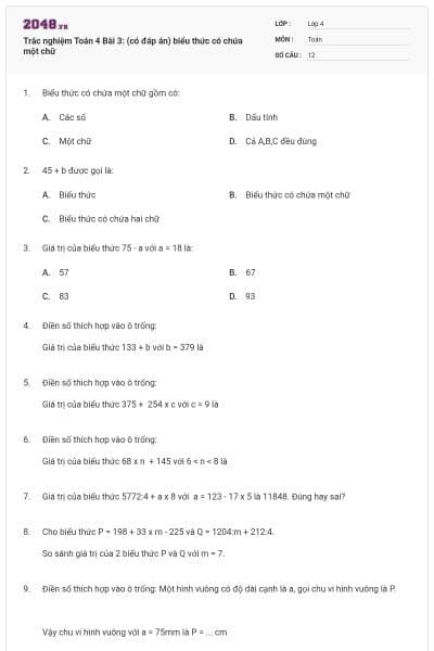 Trắc nghiệm Toán 4 Bài 3: (có đáp án) biểu thức có chứa một chữ