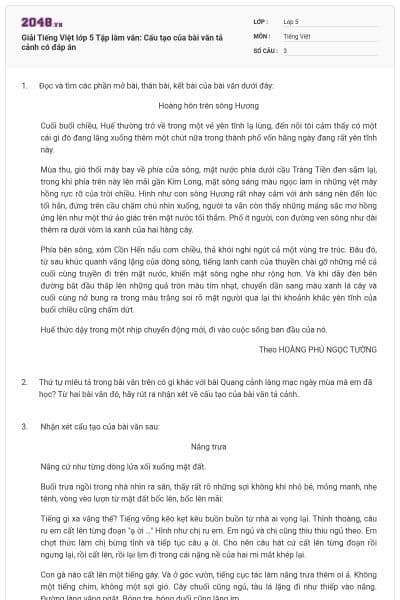 Giải Tiếng Việt lớp 5 Tập làm văn: Cấu tạo của bài văn tả cảnh có đáp án