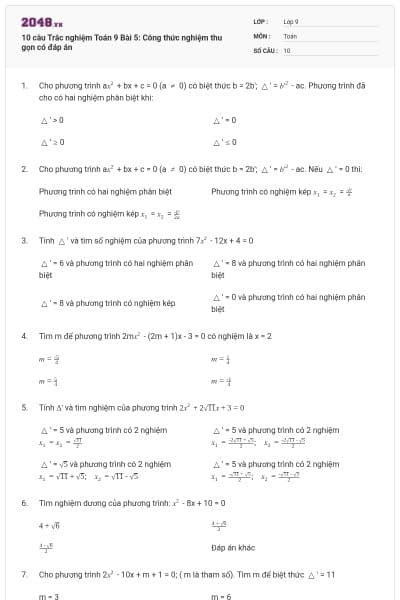 10 câu Trắc nghiệm Toán 9 Bài 5: Công thức nghiệm thu gọn có đáp án