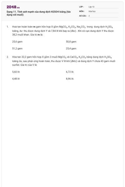 Dạng 11. Tính axit mạnh của dung dịch H2SO4 loãng.(tác dụng với muối)