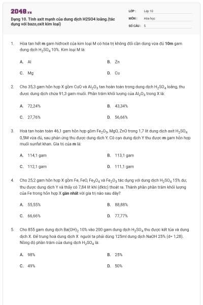 Dạng 10. Tính axit mạnh của dung dịch H2SO4 loãng.(tác dụng với bazo,oxit kim loại)