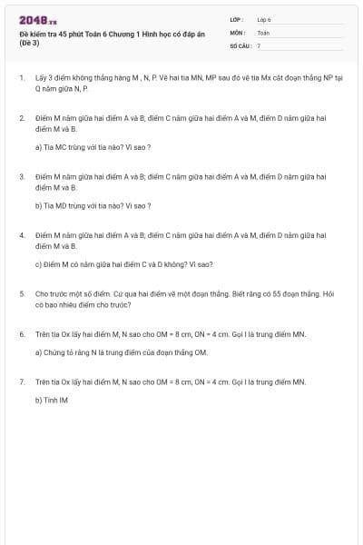 Đề kiểm tra 45 phút Toán 6 Chương 1 Hình học có đáp án (Đề 3)