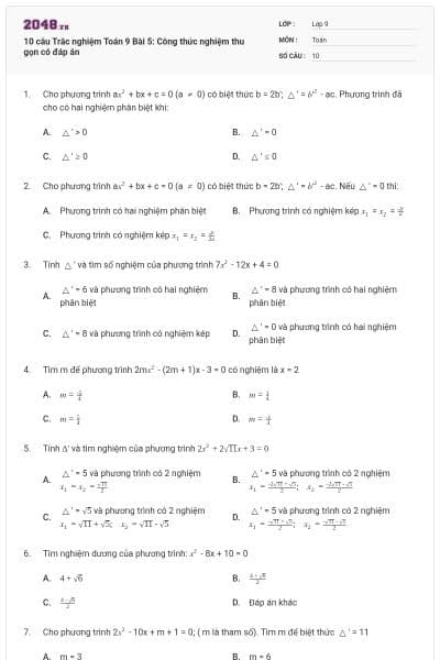 10 câu Trắc nghiệm Toán 9 Bài 5: Công thức nghiệm thu gọn có đáp án