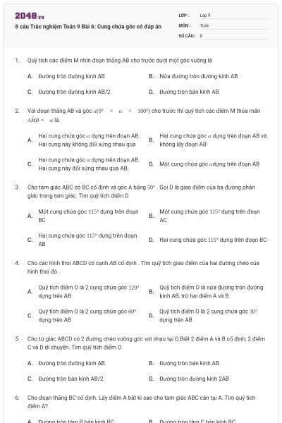 8 câu Trắc nghiệm Toán 9 Bài 6: Cung chứa góc có đáp án