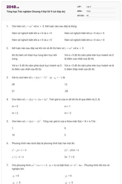 Tổng hợp Trắc nghiệm Chương 4 Đại Số 9 (có đáp án)
