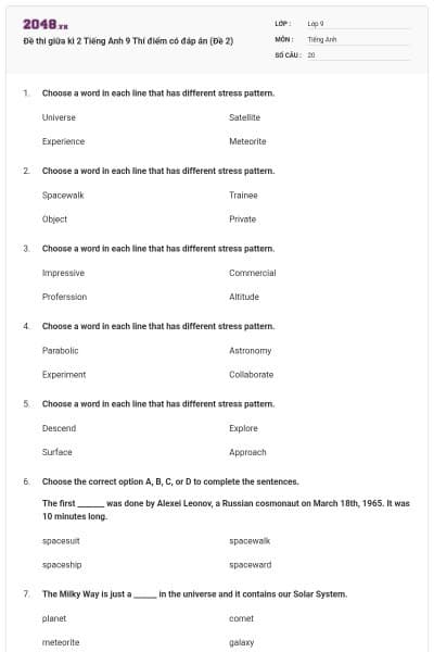 Đề thi giữa kì 2 Tiếng Anh 9 Thí điểm có đáp án (Đề 2)