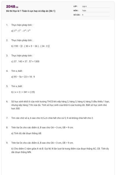 Đề thi Học kì 1 Toán 6 cực hay có đáp án (Đề 1)