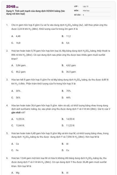 Dạng 9. Tính axit mạnh của dung dịch H2SO4 loãng.(tác dụng với kim loại)