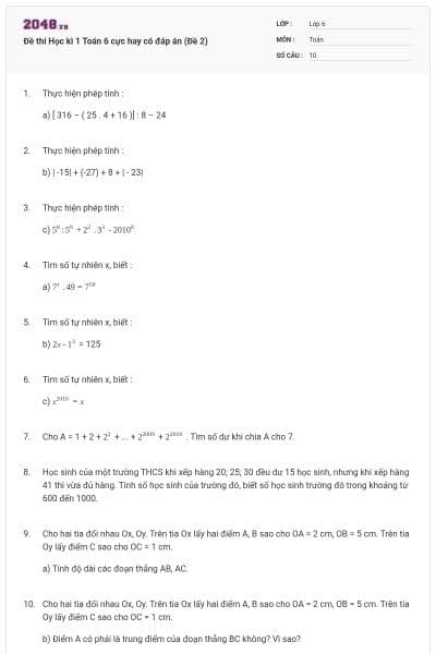Đề thi Học kì 1 Toán 6 cực hay có đáp án (Đề 2)