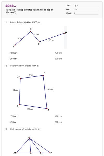 10 bài tập Toán lớp 3: Ôn tập về hình học có đáp án (Chương 1)