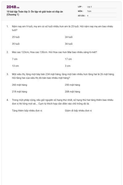 10 bài tập Toán lớp 3: Ôn tập về giải toán có đáp án (Chương 1)