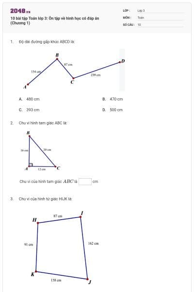 10 bài tập Toán lớp 3: Ôn tập về hình học có đáp án (Chương 1)