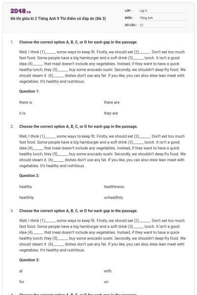 Đề thi giữa kì 2 Tiếng Anh 9 Thí điểm có đáp án (Đề 3)