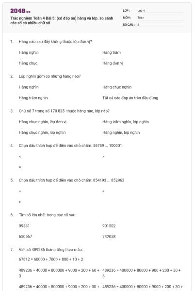 Trắc nghiệm Toán 4 Bài 5: (có đáp án) hàng và lớp. so sánh các số có nhiều chữ số