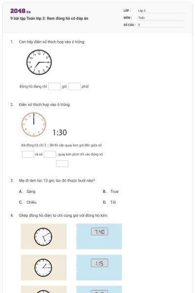 9 bài tập Toán lớp 3: Xem đồng hồ có đáp án