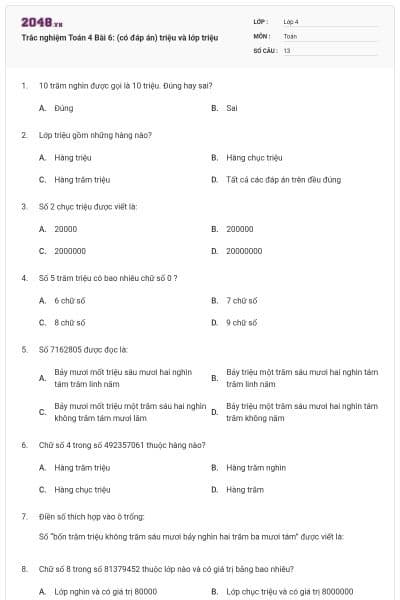 Trắc nghiệm Toán 4 Bài 6: (có đáp án) triệu và lớp triệu