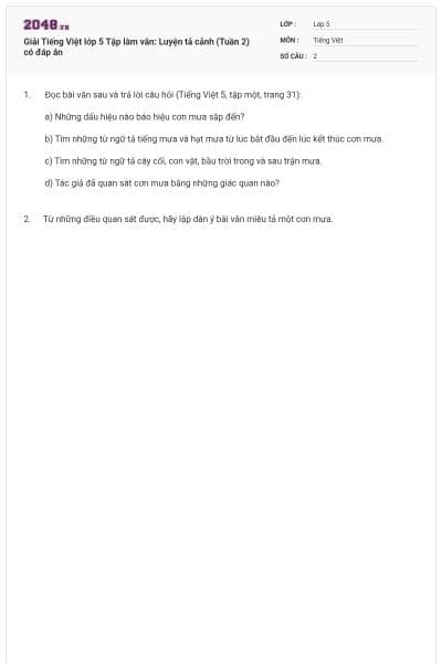 Giải Tiếng Việt lớp 5 Tập làm văn: Luyện tả cảnh (Tuần 2) có đáp án