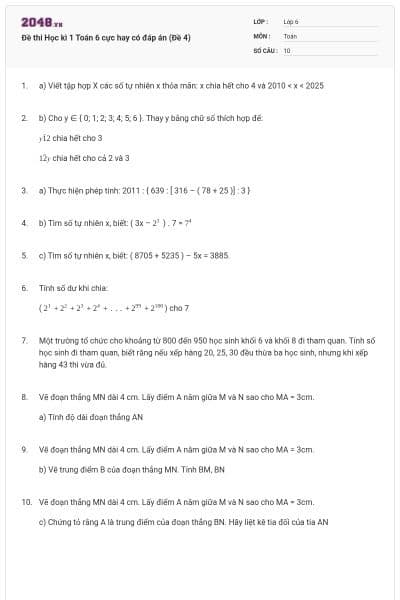 Đề thi Học kì 1 Toán 6 cực hay có đáp án (Đề 4)