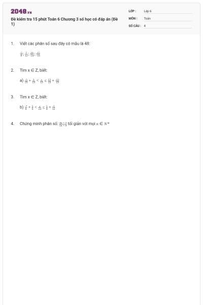 Đề kiểm tra 15 phút Toán 6 Chương 3 số học có đáp án (Đề 1)