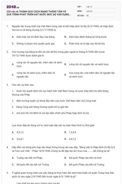 220 câu về THÀNH QUẢ CÁCH MẠNG THÁNG TÁM VÀ QUÁ TRÌNH PHÁT TRIỂN ĐẤT NƯỚC MỨC ĐỘ VẬN DỤNG - VẬN DỤNG CAO