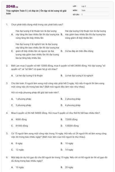 Trắc nghiệm Toán 5 ( có đáp án ) Ôn tập và bổ sung về giải toán