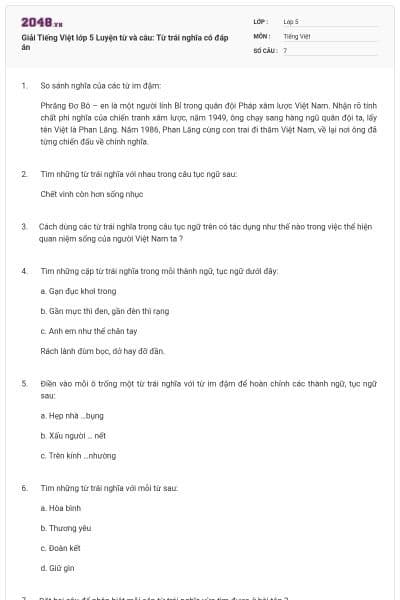 Giải Tiếng Việt lớp 5 Luyện từ và câu: Từ trái nghĩa có đáp án
