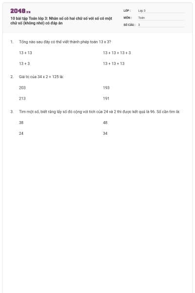 10 bài tập Toán lớp 3: Nhân số có hai chữ số với số có một chữ số (không nhớ) có đáp án
