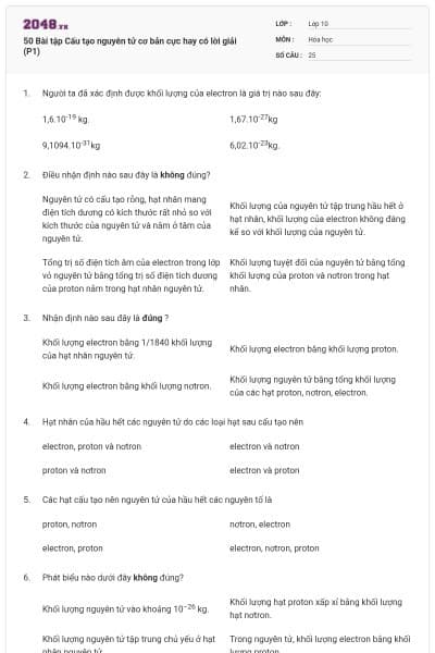 50 Bài tập Cấu tạo nguyên tử cơ bản cực hay có lời giải (P1)
