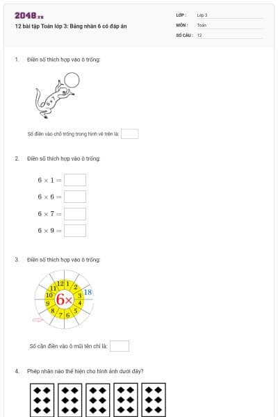 12 bài tập Toán lớp 3: Bảng nhân 6 có đáp án
