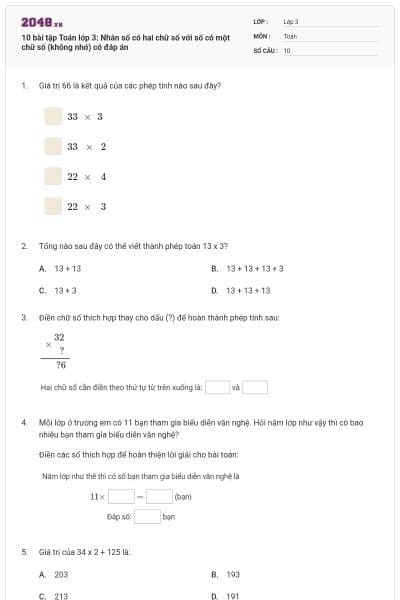 10 bài tập Toán lớp 3: Nhân số có hai chữ số với số có một chữ số (không nhớ) có đáp án