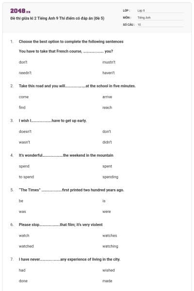 Đề thi giữa kì 2 Tiếng Anh 9 Thí điểm có đáp án (Đề 5)