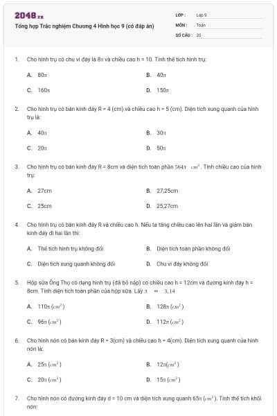 Tổng hợp Trắc nghiệm Chương 4 Hình học 9 (có đáp án)