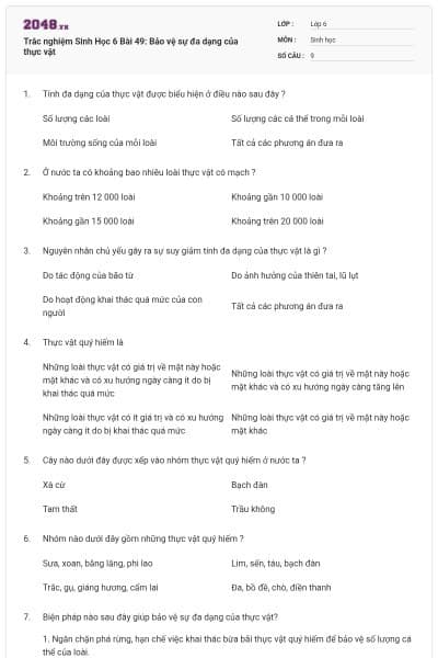 Trắc nghiệm Sinh Học 6 Bài 49: Bảo vệ sự đa dạng của thực vật