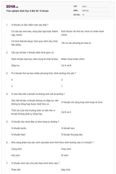 Trắc nghiệm Sinh Học 6 Bài 50: Vi khuẩn