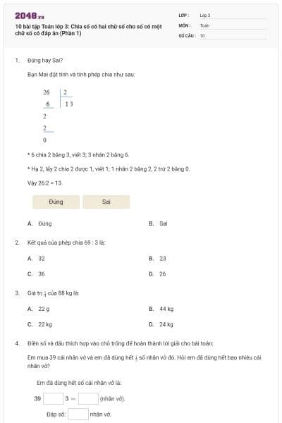 10 bài tập Toán lớp 3: Chia số có hai chữ số cho số có một chữ số có đáp án (Phần 1)
